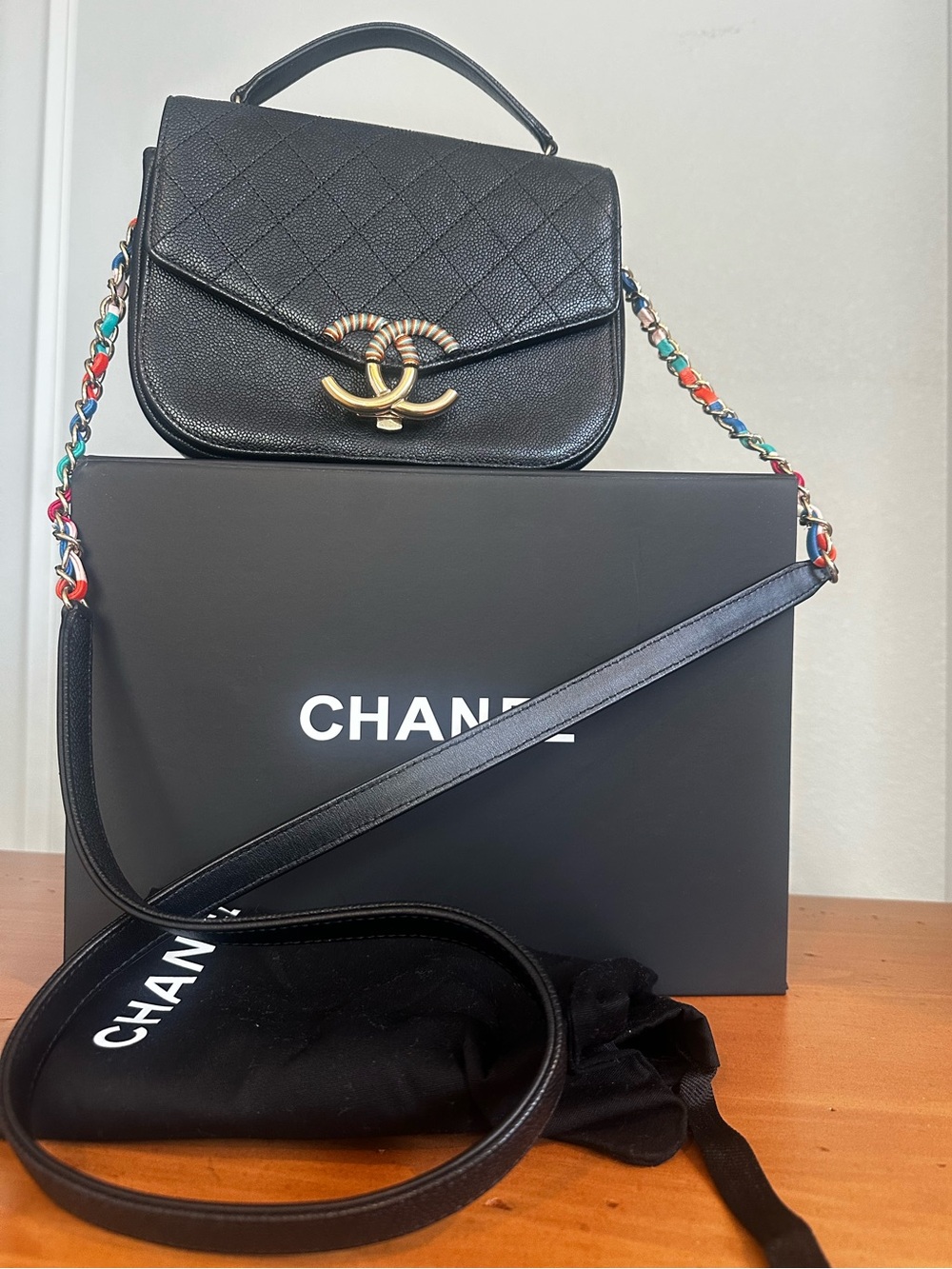 Chanel Black Quilted Caviar Leather “Paris-Cuba” Thread Around Flap Bag